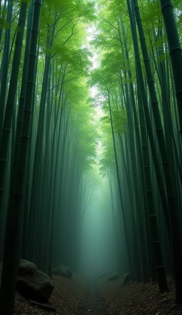 A mystical bamboo forest in Japan, with tall green bamboo trees and soft light filtering through the leaves. The atmosphere is gloomy and serene, creating an intense and cinematic feel.
