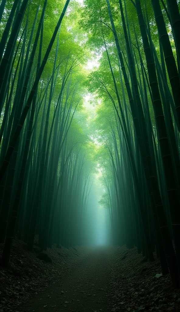 A mystical bamboo forest in Japan, with tall green bamboo trees and soft light filtering through the leaves. The atmosphere is gloomy and serene, creating an intense and cinematic feel.