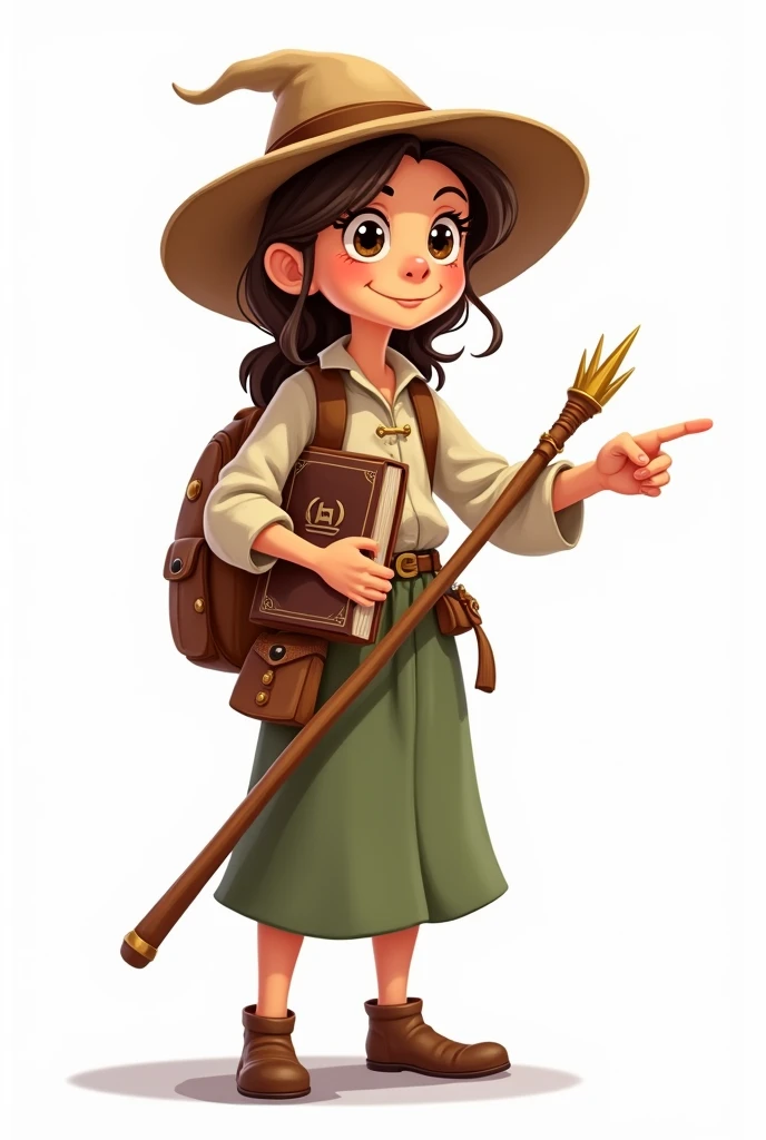 A wise guide holding a wooden staff, confidently pointing forward. In her other hand, she carries a book of botany or geography. The characters are illustrated in a cartoon style, similar to animated movie characters, with a simple white background