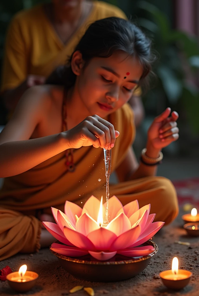 A student anointing water on the Shivlinga with a lotus