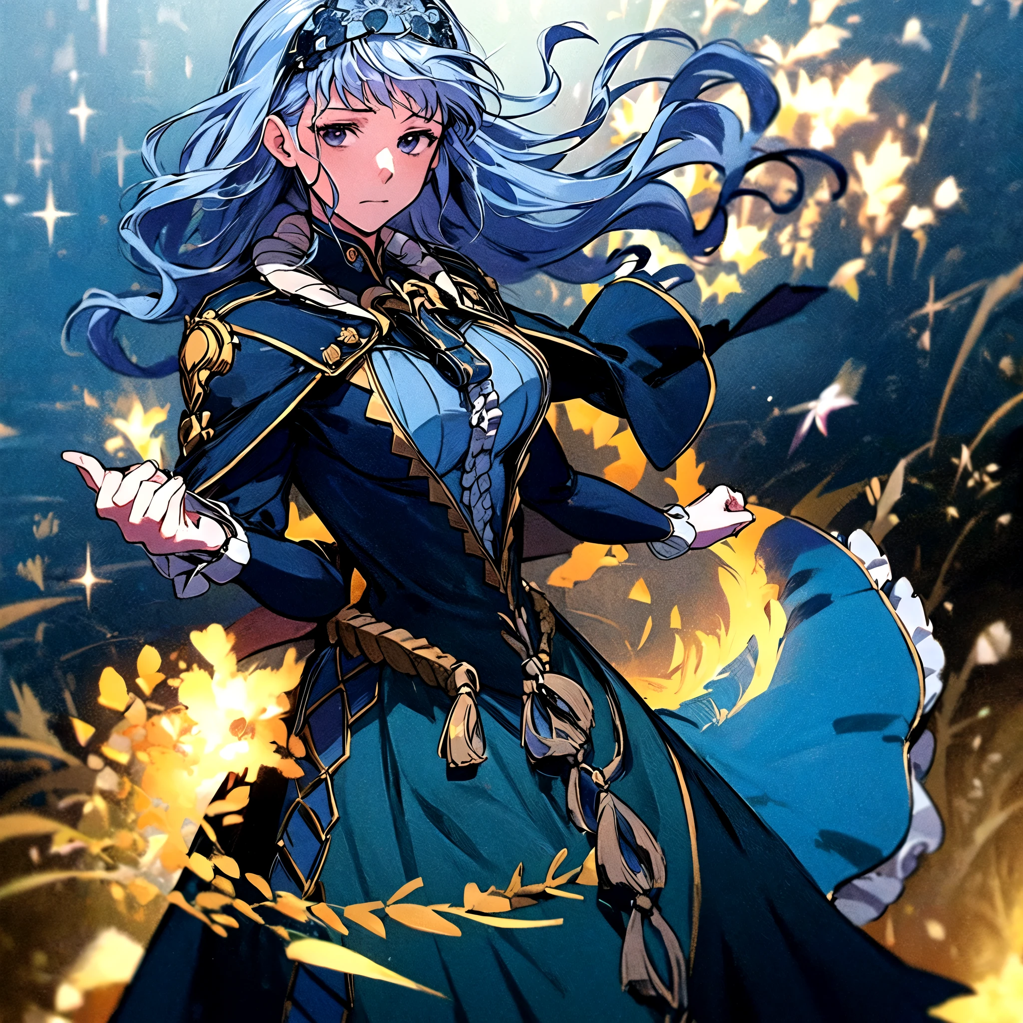 masterpiece, best quality, Marianne3Hopes, long hair, blue dress, capelet, hairband, closed mouth, interlocked fingers, looking at viewer, cowboy shot, own hands together, solo