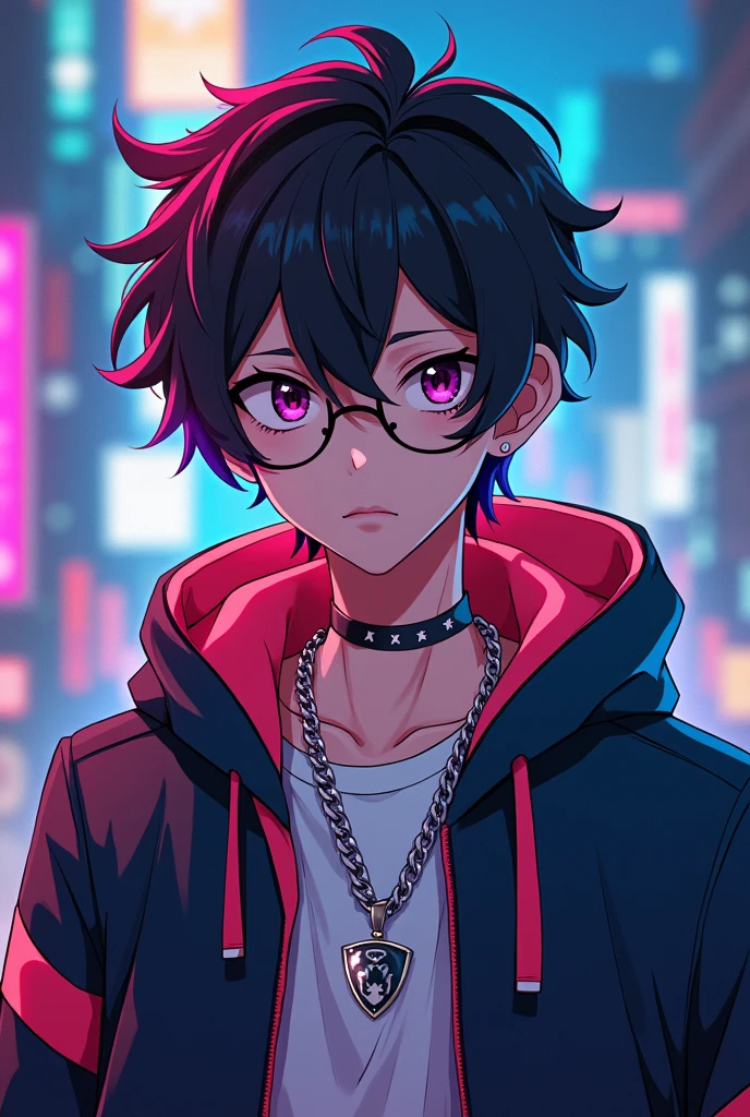 Generate an image of a stylish teenage anime boy looking directly at the viewer, reminiscent of a passport photo. He wears a hoodie with eye-catching neon accents, a chain necklace around his neck, trendy glasses, and impeccably styled hair, exuding urban confidence against a city backdrop