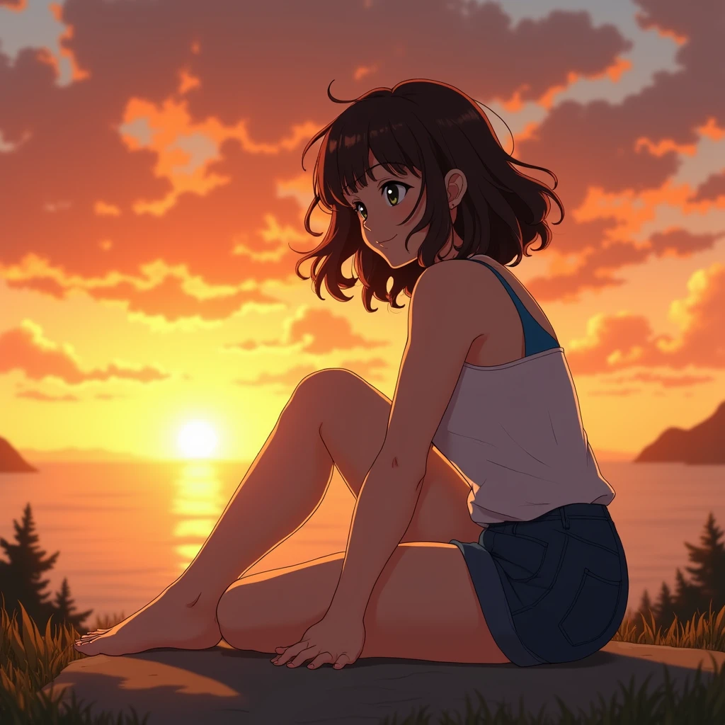 A anime brunette girl with curly hair and big breasts sits with her legs stretched out, taking a realistic photo in sunset