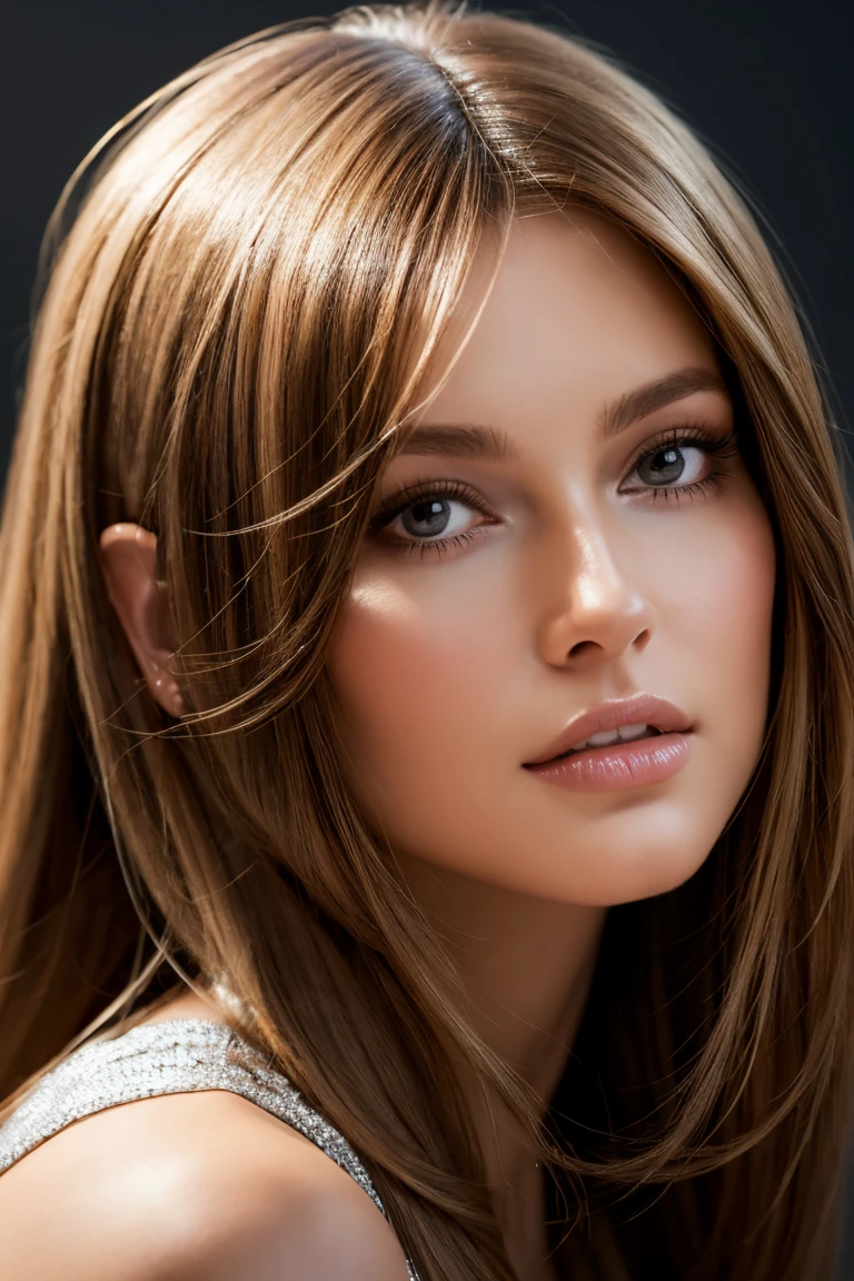 an illustration of a woman with long brown hair, in the style of ingrid baars, j. scott campbell, dark beige and light amber, close-up, thiago valdi, charming characters, 8k