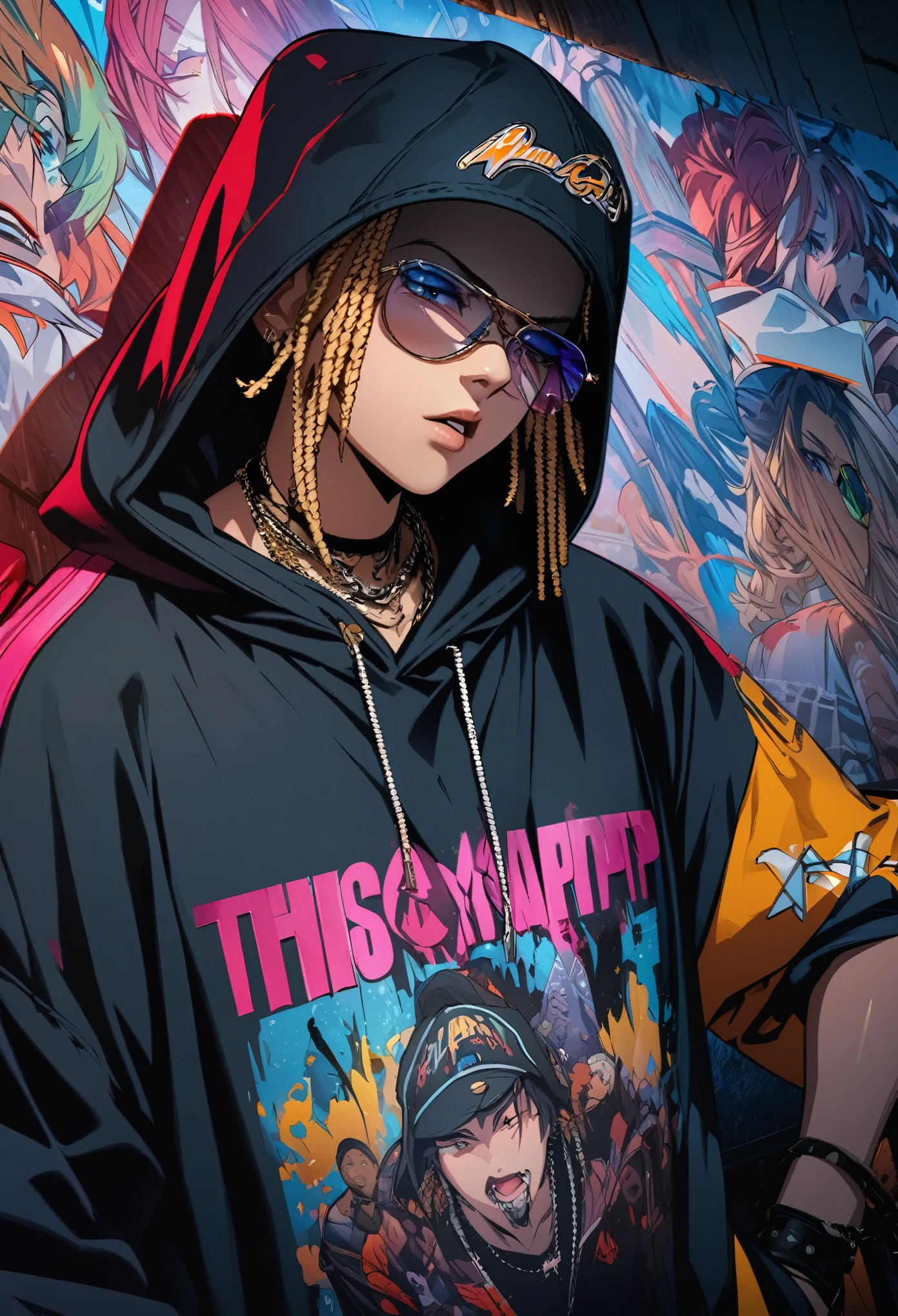 masterpiece, Highest quality, Highly detailed CG Unity 8k wallpaper, This illustration is based on a rapper and is very cool. It's big, Sharp eyes and a knitted hat covering the face. Wear a hood over a knit hat. Wearing pants. He is wearing black high-top boots.. I was holding a big, Painted wall. The background is a realistic dark slum. Spotlight Light. Bokeh Photo, (soft) concentrated):1.2, out of concentrated highlights, Dreamy atmosphere, Glowing circle, Fascinating Depth, Depth of written boundary