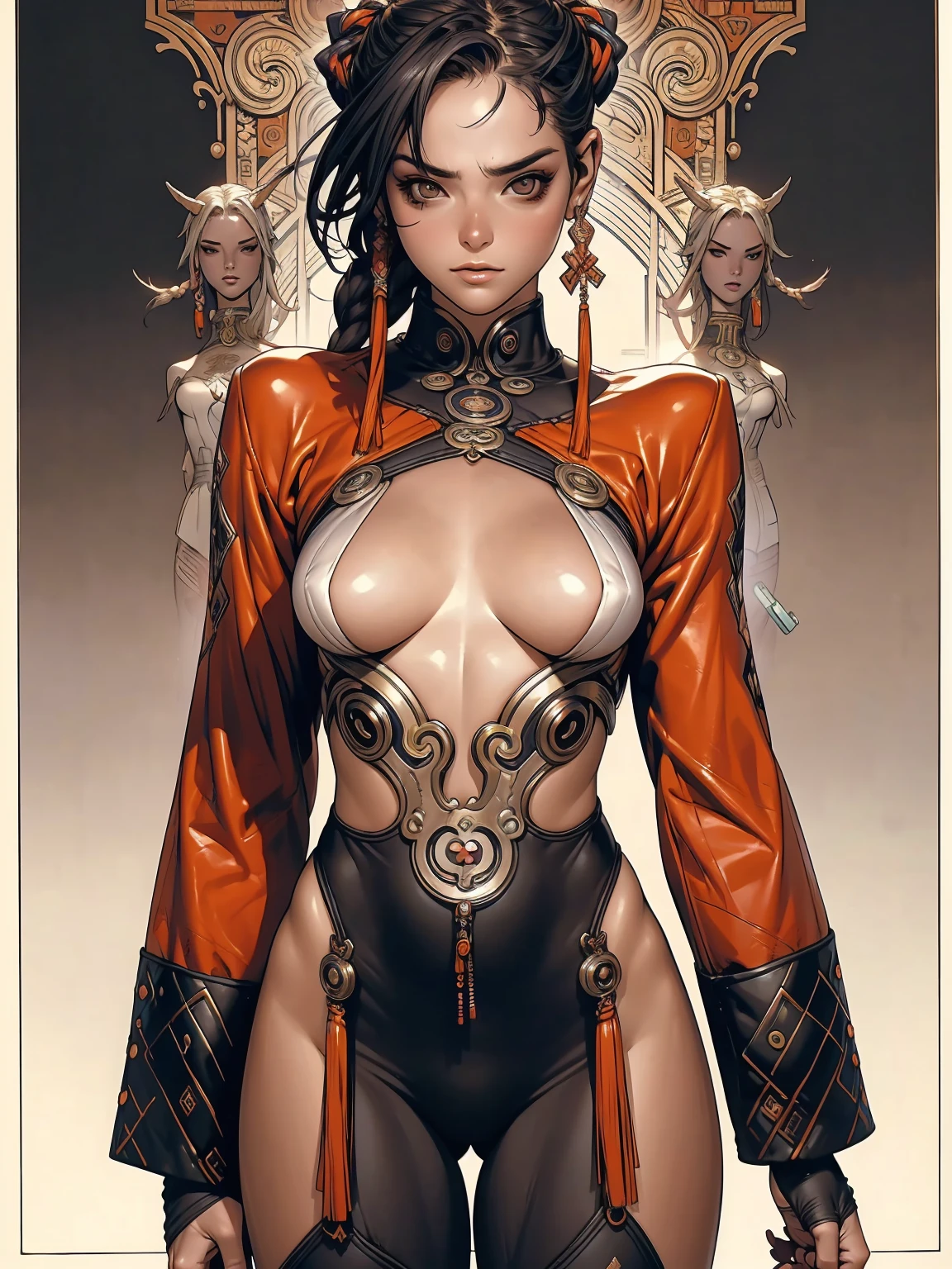 (((best final quality))), ssmile(((standing alone:1.2))),(((1 girl:1.2))),((((beautiful perfect woman)))),(((perfectbody detalhado, perfect finger detailed))),((((((final film poster)))))),(((to burst, close up))),((((detailed complicated machine)))),(((((mechanical genius))))),(((American comics))),(((extreme highlights))),(((extremely colorful, primary colours))),neckleace, super beautiful lady,(((Typography))),text, (Unbeatable masterpiece), (hiper HD),(CG 8k hyper-realistic), (((brave face))), (((breasts big))), (((hyper feminine))), (((musclegirl))), sexly girl, king of fighter,(straight hair with thin braids)), ((( sculptural body ))), (((1 girl))), garota de 25 anos com perfectbody,,Beautiful and well-groomed face,muscular body:1.2,solid color detailed jacket, (Head to thigh photos), Complex equipment, (((standing alone))), pirralha violent, ((())), sexly, pose de atitude, work of art, post-apocalypse, (((manga style))), bounty hunter, violent, Manic, the way you want, slenderbody, thin but strong, perfectbody, roupa moderna, advanced technology, neon, sleeves with vertical striped pattern, intricate background, (( cowboy shot )). intricate visual
