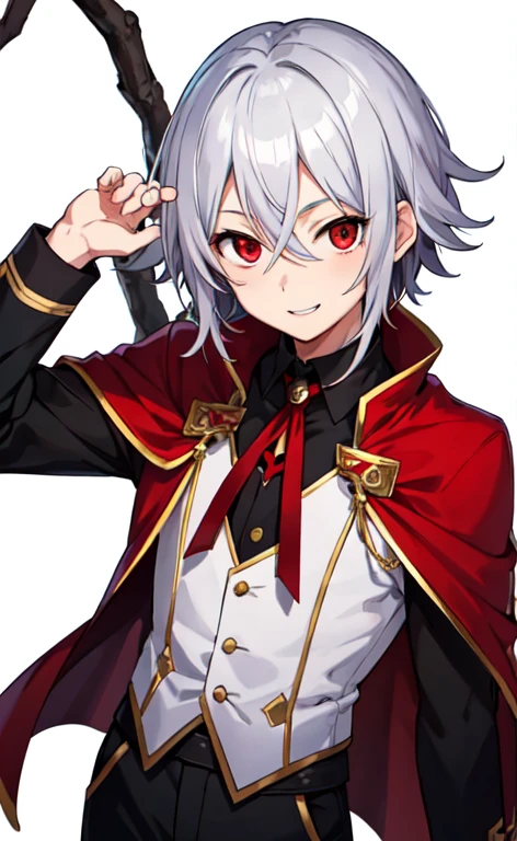 Silver Hair Unkempt hair Fearless smile Black school uniform One person front Background white Red eyes Anime Style boy Red Cape Tree Eyes