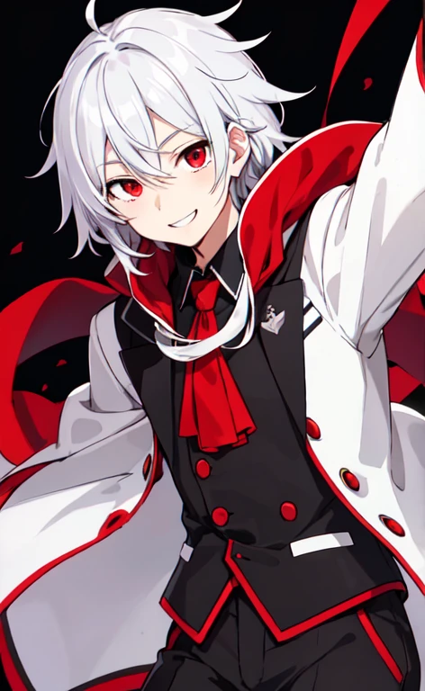 Silver Hair Unkempt hair Fearless smile Black school uniform One person front Background white Red eyes Anime Style boy Red Cape Tree Eyes
