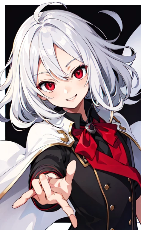 Silver Hair　Unkempt hair　Fearless smile　Black school uniform　One person　front　Background white　Red eyes　Anime Style　boy　Red Cape　Tree Eyes