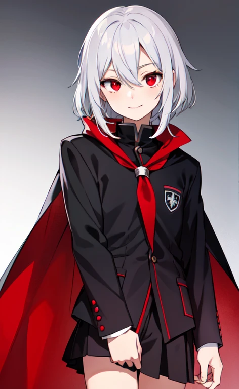 Silver Hair Unkempt hair Fearless smile Black school uniform One person front Background white Red eyes Anime Style boy Red Cape Tree Eyes