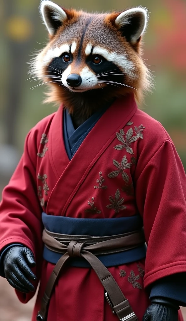 Rocket Raccoon from the MCU, with detailed fur, slightly bulged, wearing a red kimono with intricate details. He is in an action pose with a pensive expression, shown in a full body shot.
