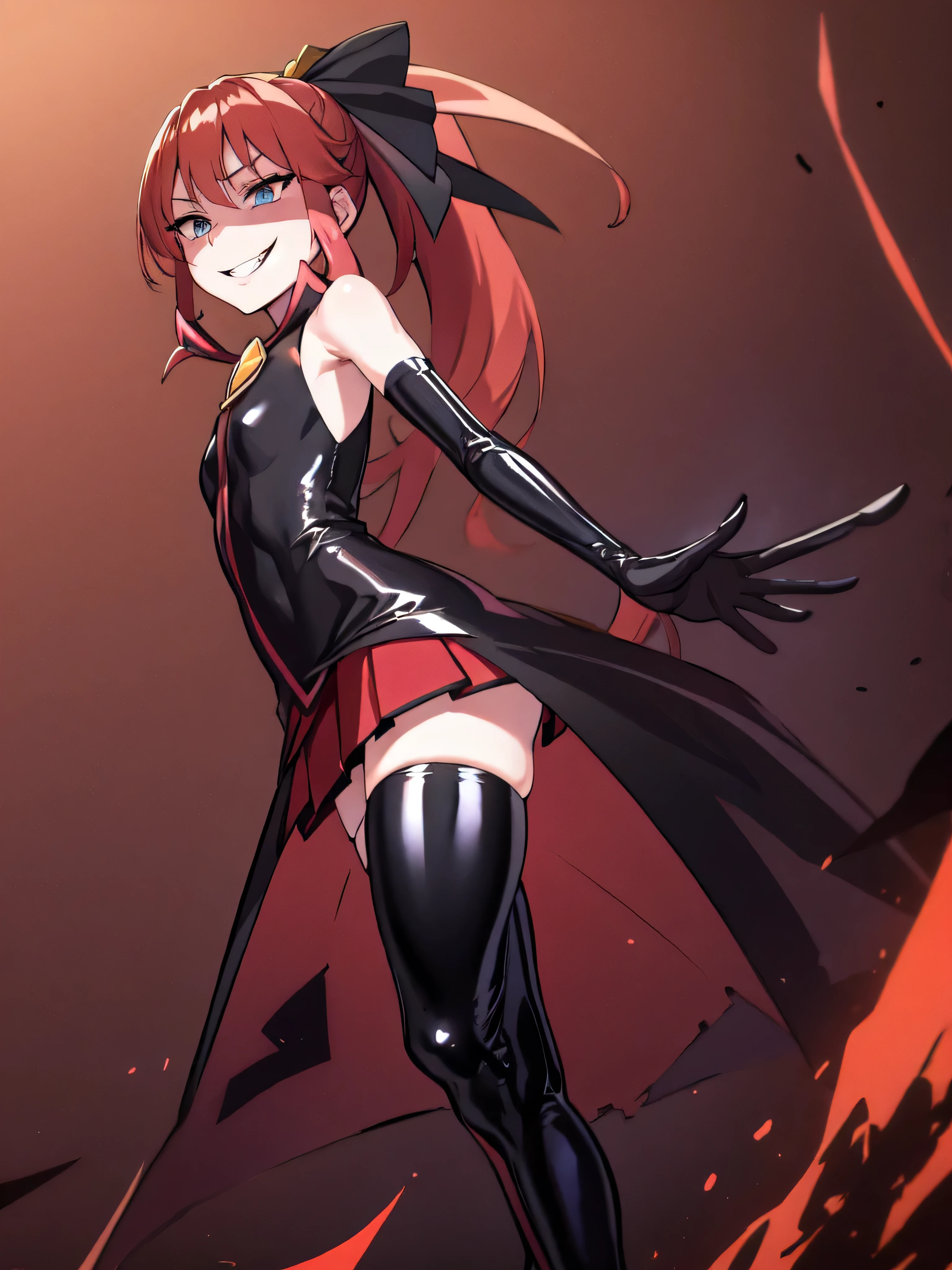 Highest quality, masterpiece, One Girl,Not beautiful, Red Ponytail, Long dress, brooch, Hair Ribbon, Black knee socks, Standing on the rubble, (Wicked Smile:1.1), ,,Dark shadowed face,Sadistic smile,Malice,Contempt,smile,latex,Bad face,,Red Skirt,two hands,Two legs,five fingers,evil background,elbow gloves,Shiny latex, Wicked Smile, devilish aura (Shiny fabric:1.5),Dark world background,solo,