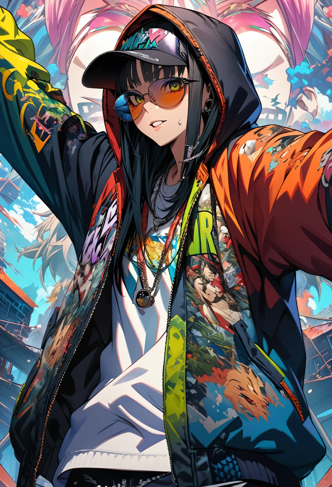 masterpiece, Highest quality, Highly detailed CG Unity 8k wallpaper, This illustration is based on a rapper and is very cool. It&#39;s big, Sharp eyes and a knitted hat covering the face. Wear a hood over a knit hat. Wearing pants. He is wearing black high-top boots.. I was holding a big, Painted wall. The background is a realistic dark slum. Spotlight Light. Bokeh Photo, (soft) concentrated):1.2, out of concentrated highlights, Dreamy atmosphere, Glowing circle, Fascinating Depth, Depth of written boundary