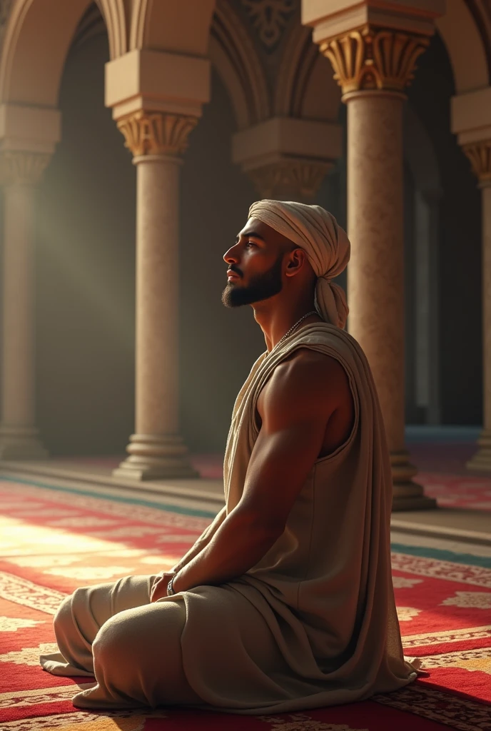 A high-resolution, realistic image of a young, masculine bald man praying to Allah inside a mosque in America, wearing a traditional taqiyah (head covering).