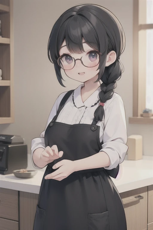nude,Completely naked,30-year-old woman、Mother,Married women,apron,Hair tied up,Braiding,Black Hair,Braid、Knot、Glasses
