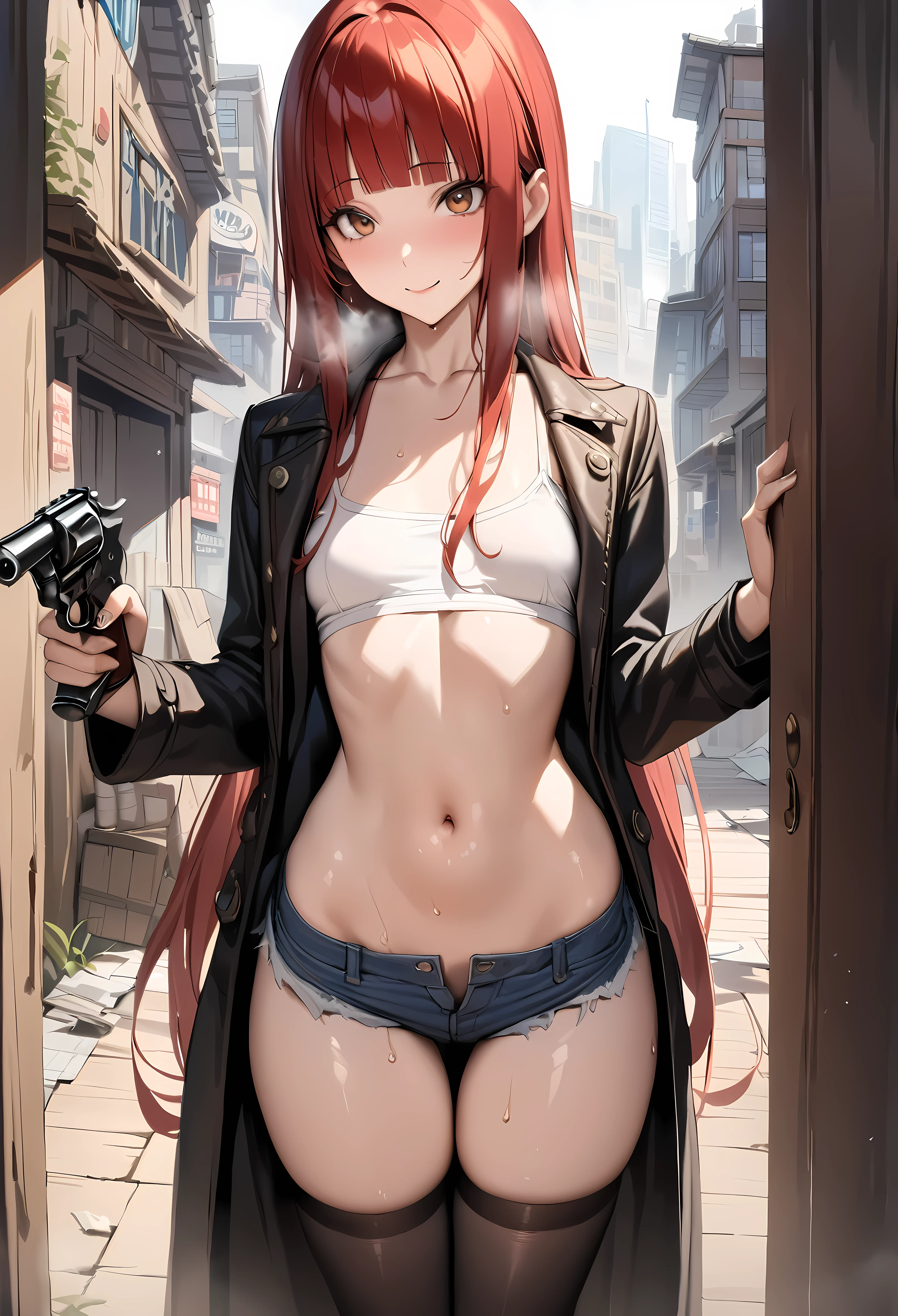 ((masterpiece,best quality anime,Highest quality:1.3)),realistic,cowboy shot,(25 year old beauty), gunslinger ,1woman,solo,((very small head:1.4)),((very long body:1.3)),red hair,bangs,straight long hair,gorgeous big eyes,brown eyes,smile,Heavy breathing、(Black long coat),Wearing a white tube top shirt under the coat,navel、(denim micro shorts、black_thighhighs),((slender body:1.3,skinny)),small breasts,gleaming skin,shiny skin,sweat:1.3,Holding a gun in hand,revolver、smoke of gunpowder、Western cityscape、The World of Westerns、