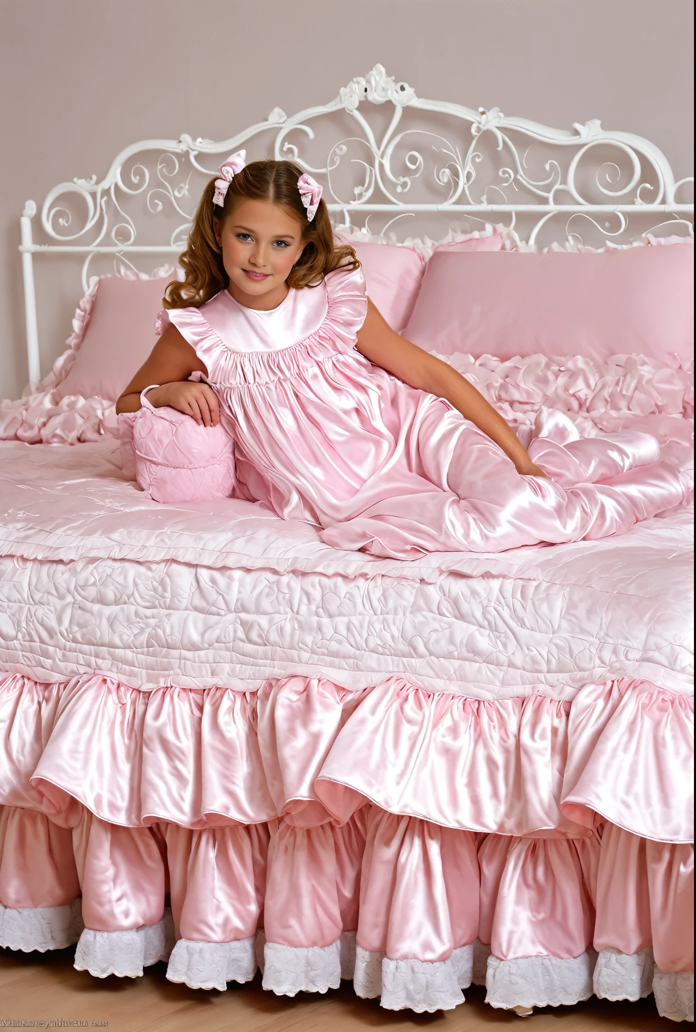 A sissy girl of 12 years old, a plump quilted silk satin nightgown, long sleeves,frilled sleeves,children's mittens without fingers, a bed with a mountain of silk satin pillows,sissy canopy bed,king size bed,more big bed,lot of frilled pillows,more pillows, A plump qulited silk satin devet,ruffles lace silk.retro white pipe bed frame,