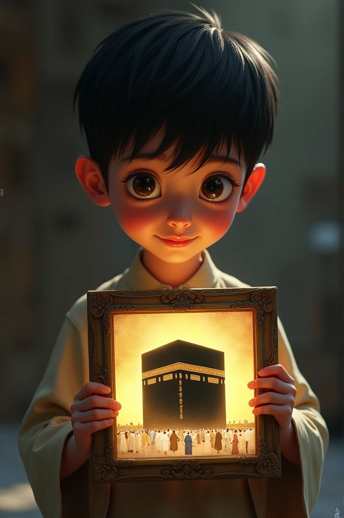 A boy holding a picture of the Kaaba 