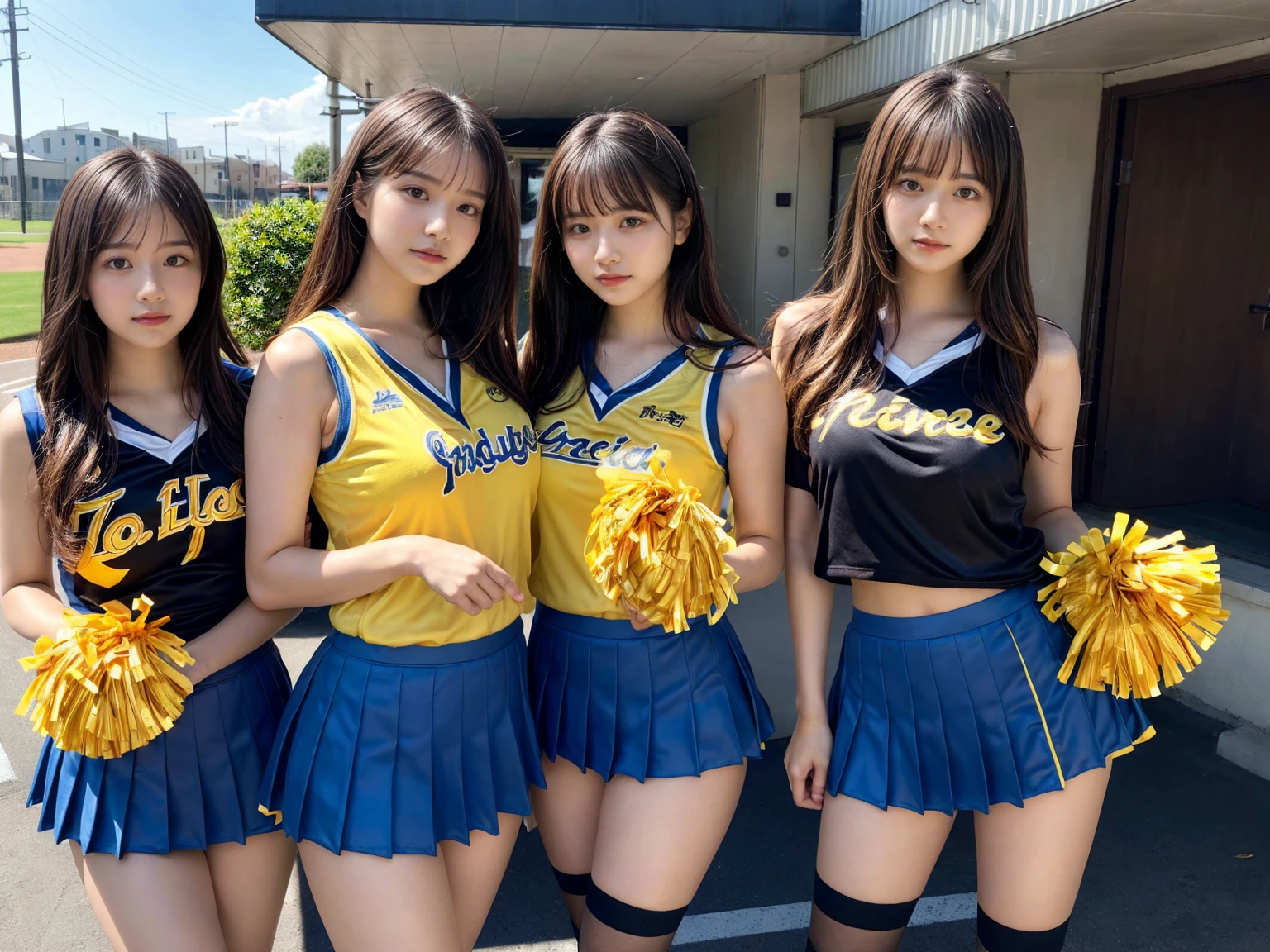 masterpiece, best quality, illustration, Super detailed, fine details, High resolution, 8K,wall paper, perfect dynamic composition,(Details High quality, realistic depiction of eyes:1.3), (3 girls), BREAK (cheerleader uniform with yellow as basic color:1.3), (holding a yellow pompoms in hand:1.4), (sleeveless yellow tunic with baseball team logo:1.4), yellow tops, (bold V-neck:1.3), ((Blue lines, black lines) on tops:1.3), ((fit and flare, A-line):1.3), (A-line yellow rah-rah skirt:1.3), mini skirt, (black socks:1.3), (sports shoes:1.2), sitting, open legs, short bob hair, in a hotel room in the background, deep on field, large breasts, black hair color, Big Natural Color Lip, (perfect body shape), crying a little、Harajuku style、20 year old girl、cute type、beautiful legs, Gravure Idol