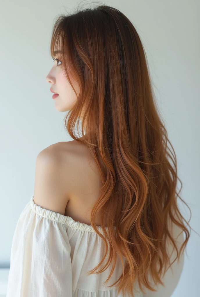 Highlight Color Back view hair Natural Color Natural light Japanese Long sleeve hairカタログ White wall background Highlight Color Weaving high resolution High resolution