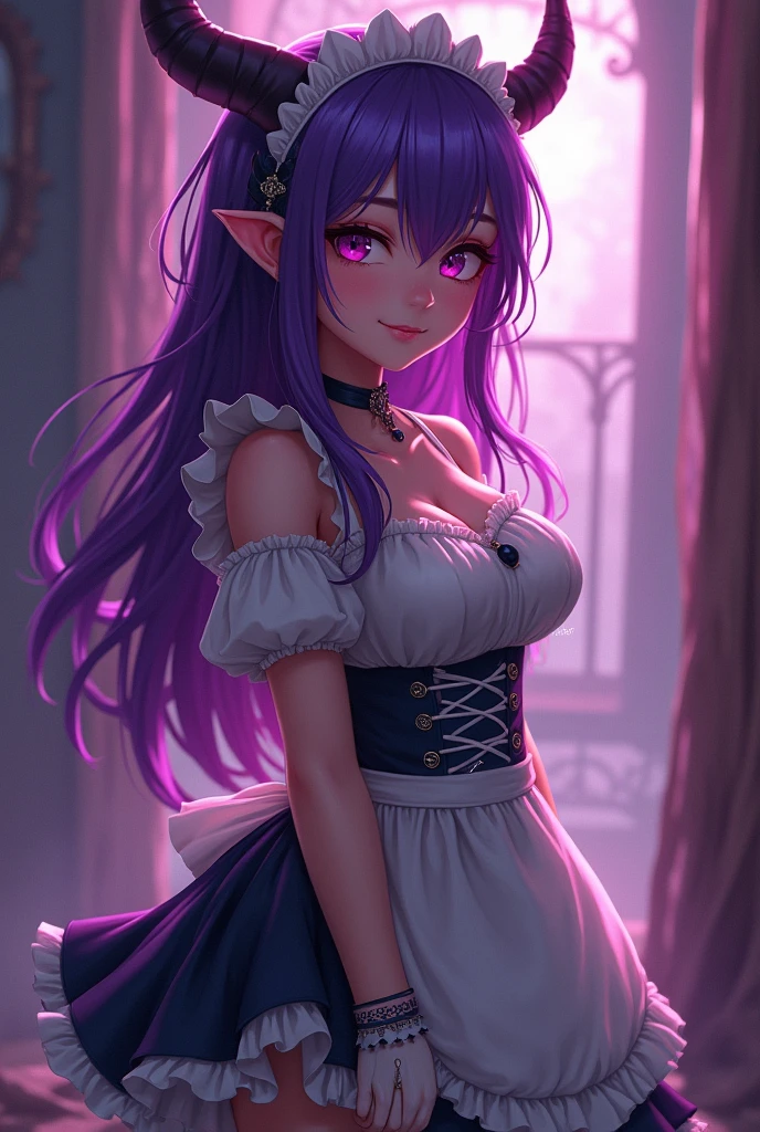 A demon girl who is a sexy purple-haired maid