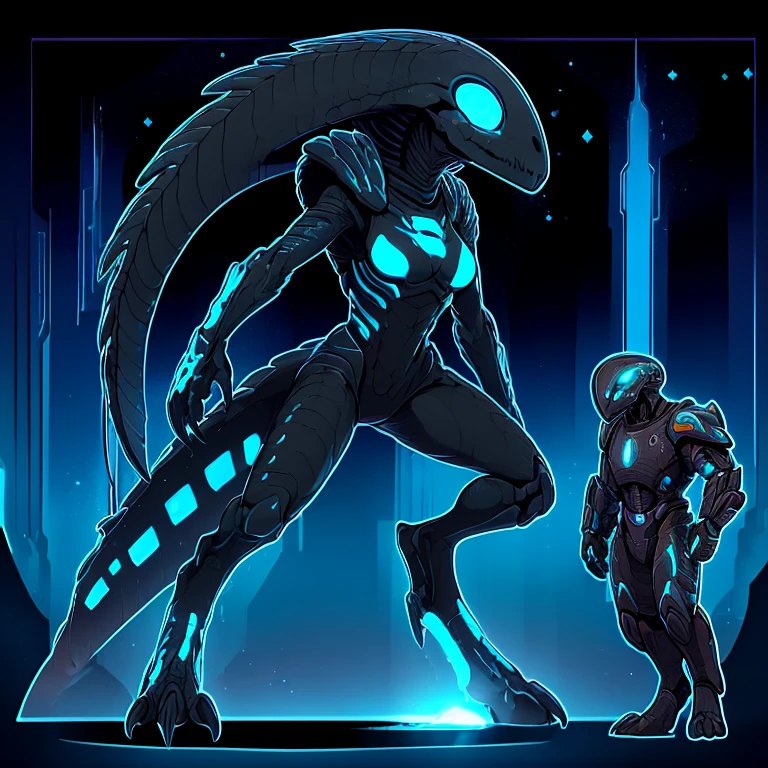 female, 2 meter tall creature, leg type: digitigrade (toes (metatarsal bones) touch the ground, and the rest of the foot is raised), narrow eyes, female body, elegant body, black body, armor skin, alien forms, perfect body, blue glowing eyes and, not human face., long claws on the legs and hands.