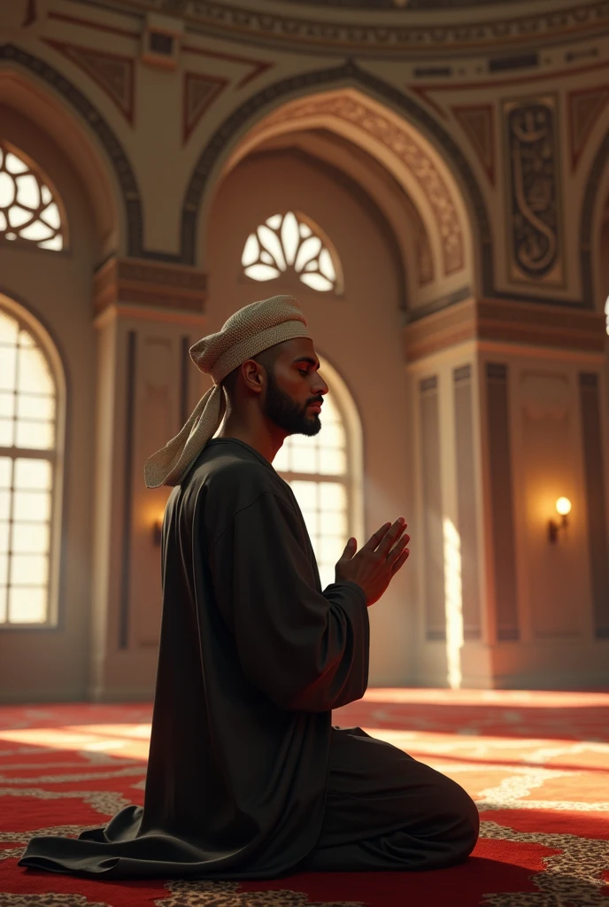 A high-resolution, realistic image of a young, masculine bald man praying to Allah inside a mosque in America, wearing a traditional taqiyah (head covering).