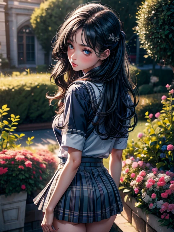 a schoolgirl bending over, panty visible, beautiful detailed eyes, beautiful detailed lips, extremely detailed face, long eyelashes, slim body, school uniform, outdoor garden scene, photorealistic, 8k, (best quality:1.2), ultra-detailed, (realistic:1.37), vivid colors, natural lighting, beautiful scenery, intricate details, elegant, dynamic pose, ass view