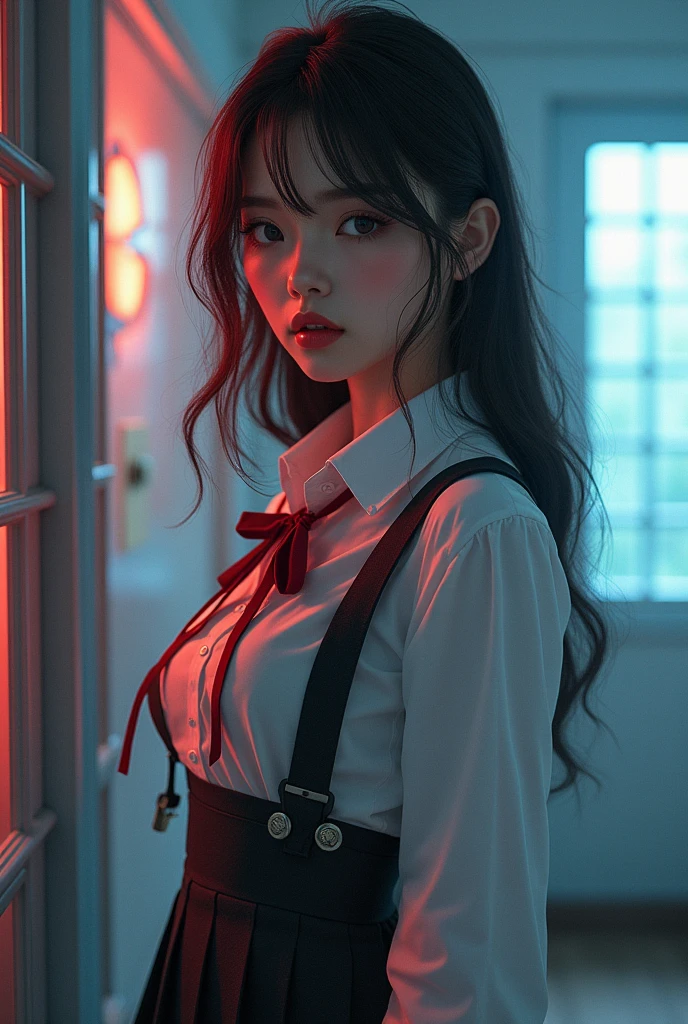 a sexy woman in a school uniform with an anal plug, detailed face, beautiful eyes, beautiful lips, high quality, photorealistic, 8k, detailed anatomy, detailed clothing, intricate details, fantasy, conceptart, vibrant colors, dramatic lighting
