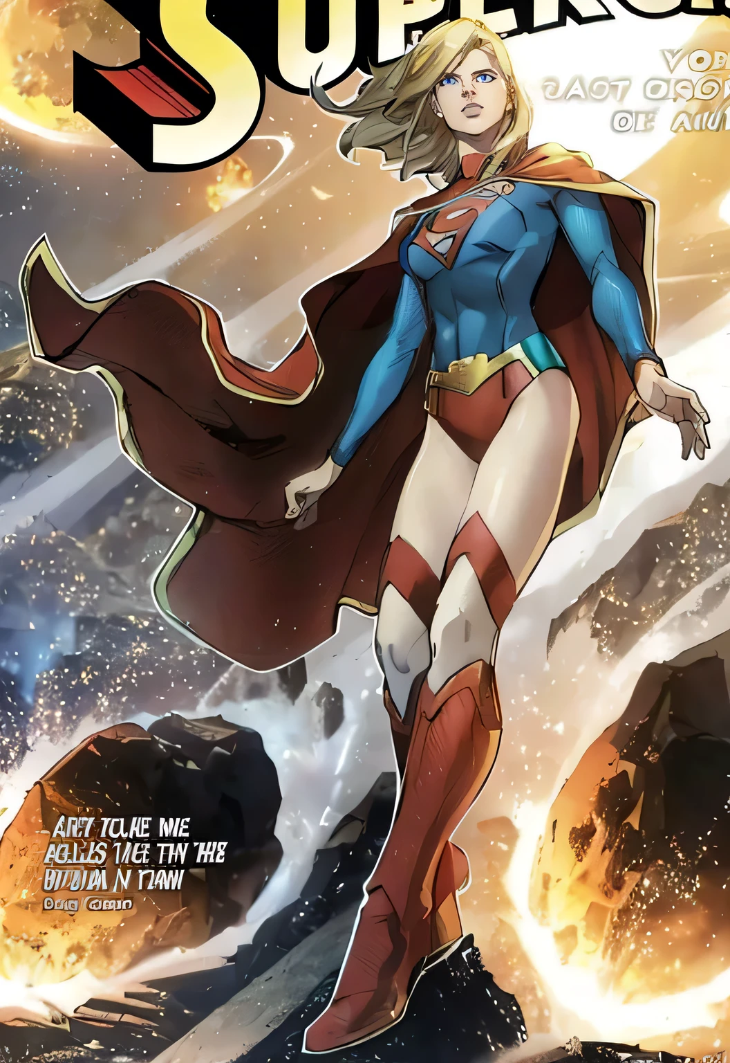 a young female Supergirl with long flowing blonde hair, piercing blue eyes, and a confident expression, wearing a red and blue costume with a cape, flying through the sky amongst clouds, highly detailed, cinematic lighting, photorealistic, 8k, (best quality,4k,8k,highres,masterpiece:1.2),ultra-detailed,(realistic,photorealistic,photo-realistic:1.37),concept art,dramatic pose,action scene