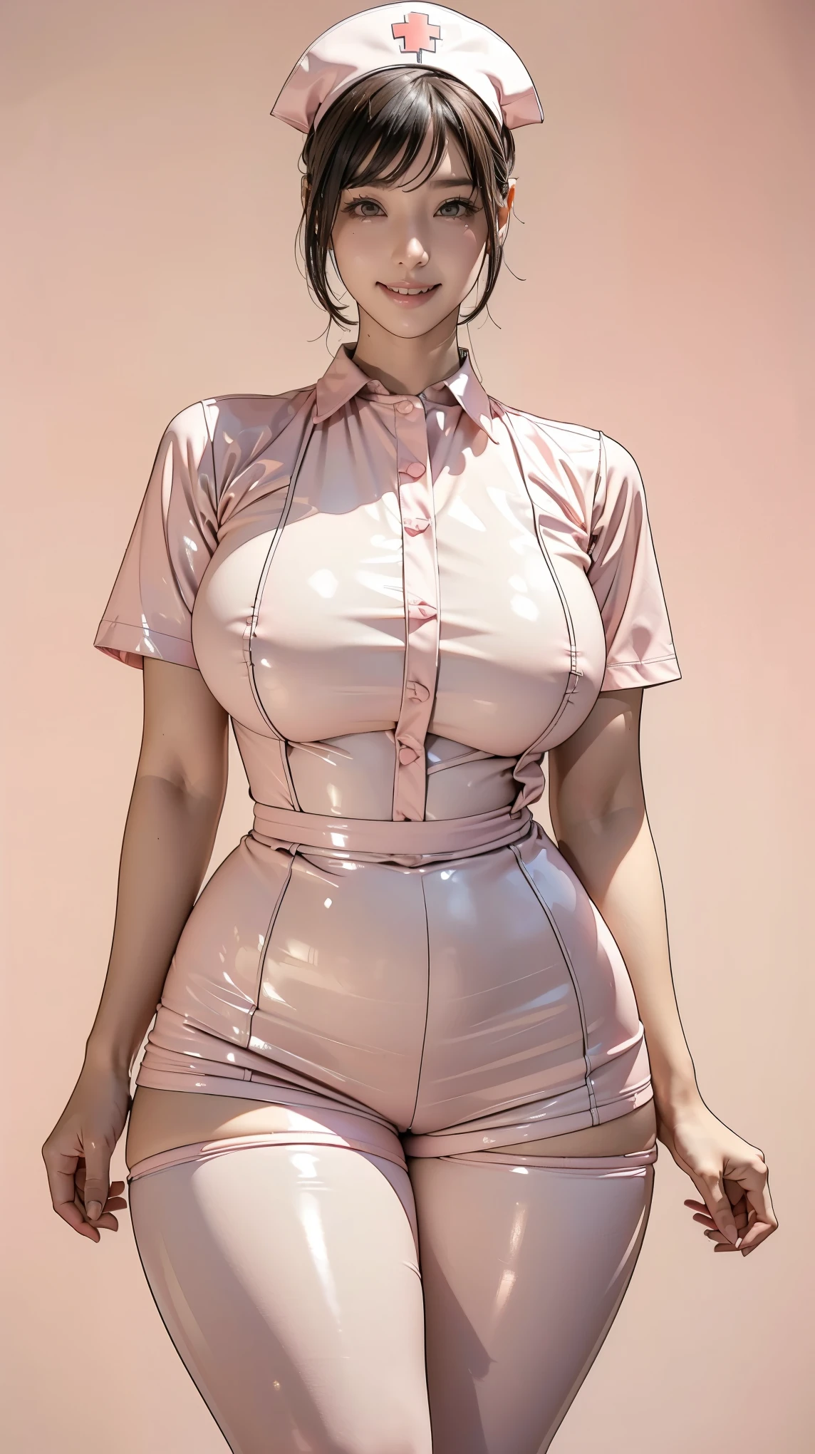Blue blank background, (1girl:1.3), Photo from the waist up, Anatomically correct, Accurate Anatomy, (Fitted clothing, Camel Knob, A pale pink fitted latex shirt, Light pink latex hot pants, Nurse Style:1.3), Smiling with some teeth showing, (Thick thighs:1.2), (Her breasts are of normal size:1.3)