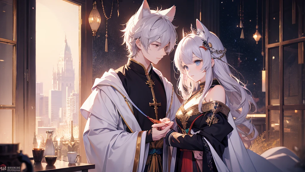 Anime character with white hair and blue eyes sitting on a chair, Cat ears、crown、The delicate prince, Beautiful Prince, ((wearing a noble robe)), 詳細なKey Anime Art, Royal elegant pose, artstation pixivでトレンド, Key Anime Art, Zerochan Art, Very detailed fan art, guweiz on pixiv artstation, Detailed fan art