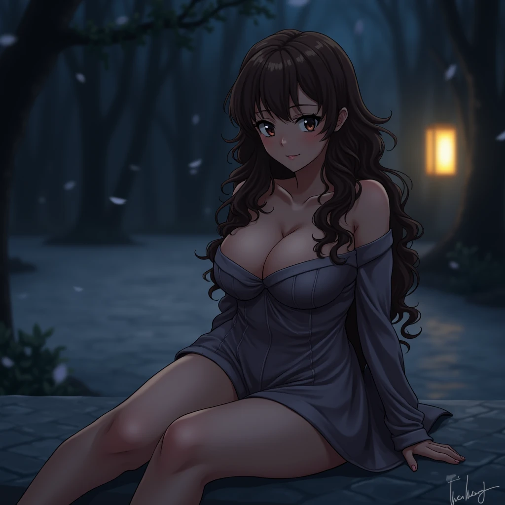 A anime brunette girl with curly hair and big breasts sits with her legs stretched out, taking a realistic photo in night