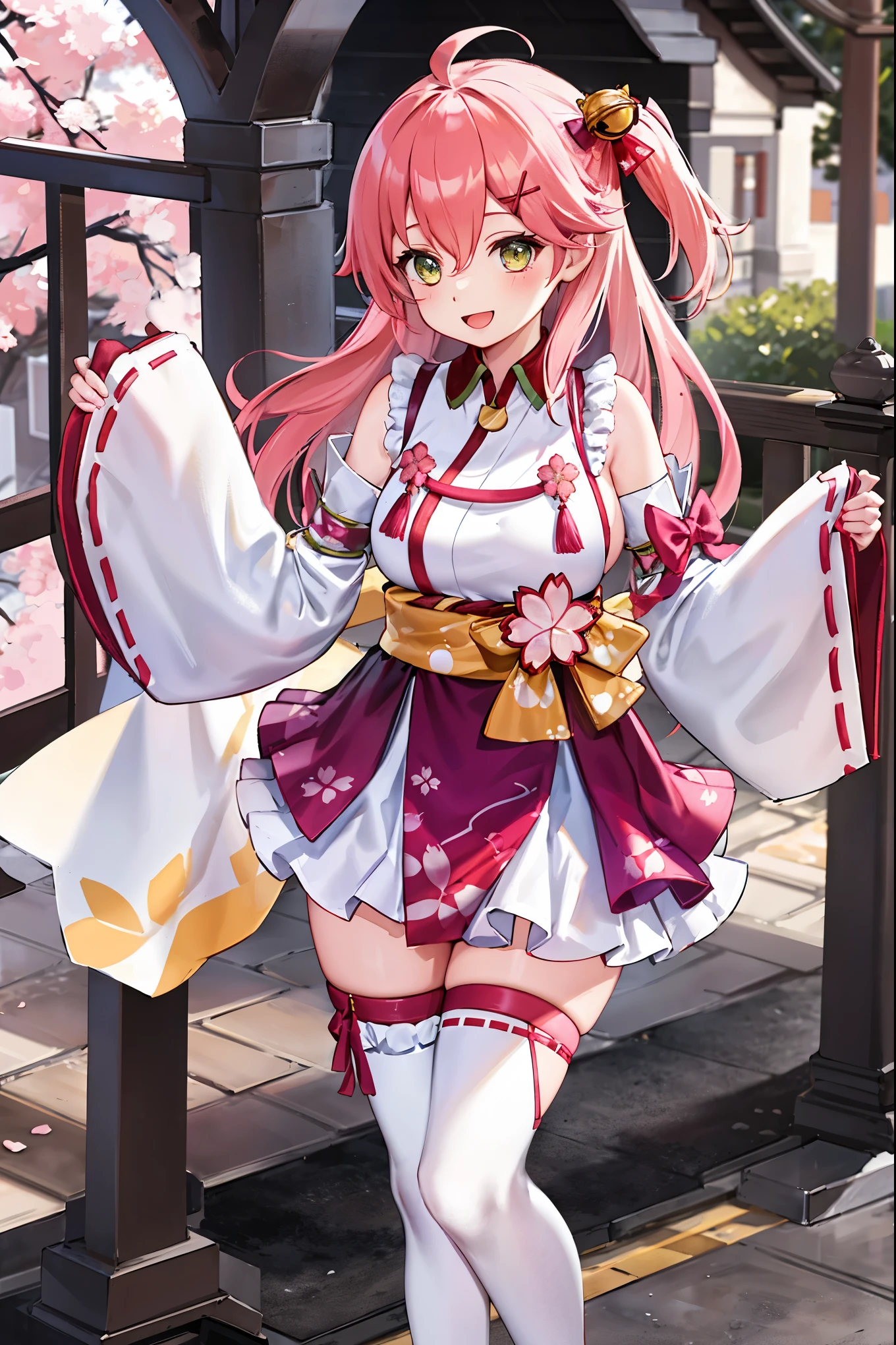 masterpiece, best quality, highres, miko1, sakura_miko, 1girl, big_boobs, solo, ahoge, x_hair_ornament, pink_hair, floral print, hairclip,(side_less_clothes:1.5), (side_boobs:1.5), hair_bell, floral print, long_hair, hair between eyes, one side up, white thighhighs, asymmetrical legwear, wide sleeves, open_mouth,(happy:1.3),gleen_eyes,big_smile,(rise_leg:1.3),plump,apart_legs,(overly_long_sleeves:1.3),),sleeves_past_wrists,hands_hidden_sleeves,sidelock_clothes,dynamic_posing,solo,hidden_wrists,(XD:1.4),covered_nipples,sunlight,cherryblossom_temple_landscape_background,