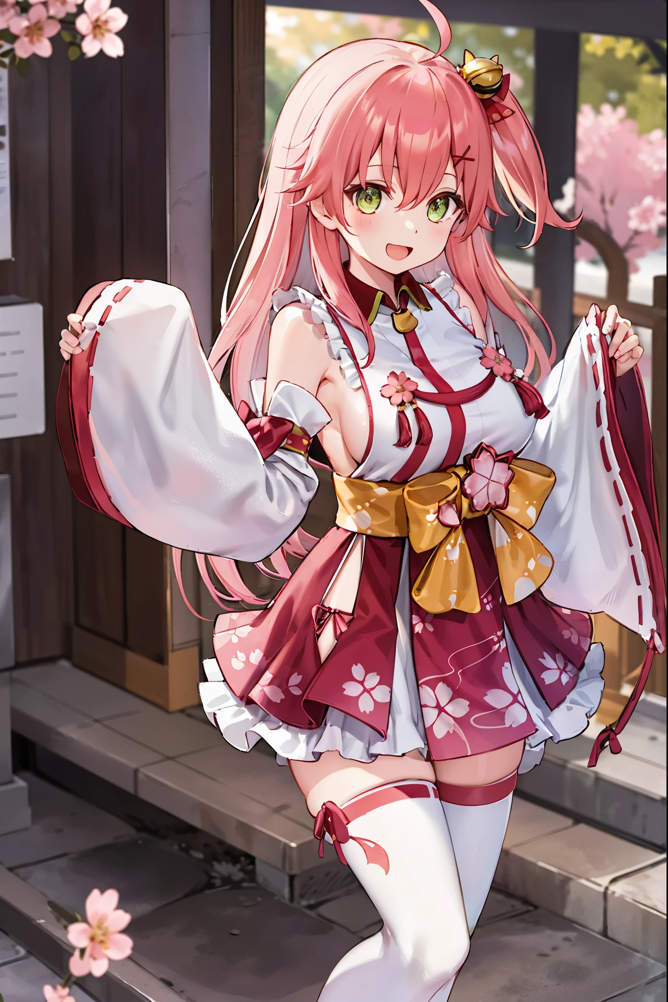 masterpiece, best quality, highres, miko1, sakura_miko, 1girl, big_boobs, solo, ahoge, x_hair_ornament, pink_hair, floral print, hairclip,(side_less_clothes:1.5), (side_boobs:1.5), hair_bell, floral print, long_hair, hair between eyes, one side up, white thighhighs, asymmetrical legwear, wide sleeves, open_mouth,(happy:1.3),gleen_eyes,big_smile,(rise_leg:1.3),plump,apart_legs,(overly_long_sleeves:1.3),),sleeves_past_wrists,hands_hidden_sleeves,sidelock_clothes,dynamic_posing,solo,hidden_wrists,(XD:1.4),covered_nipples,sunlight,cherryblossom_temple_landscape_background,