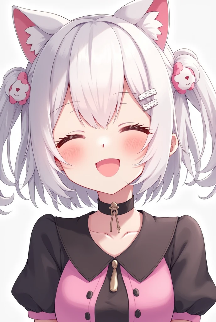 a cute and beautiful human girl with short white hair with two short ponytails on the right and left sides and wearing a black and pink dress, the ribbon that is in the hair is white, smiling with his eyes closed, has a hair clip located on the hair bangs that is shaped like a cat's paw and is pink and white in color