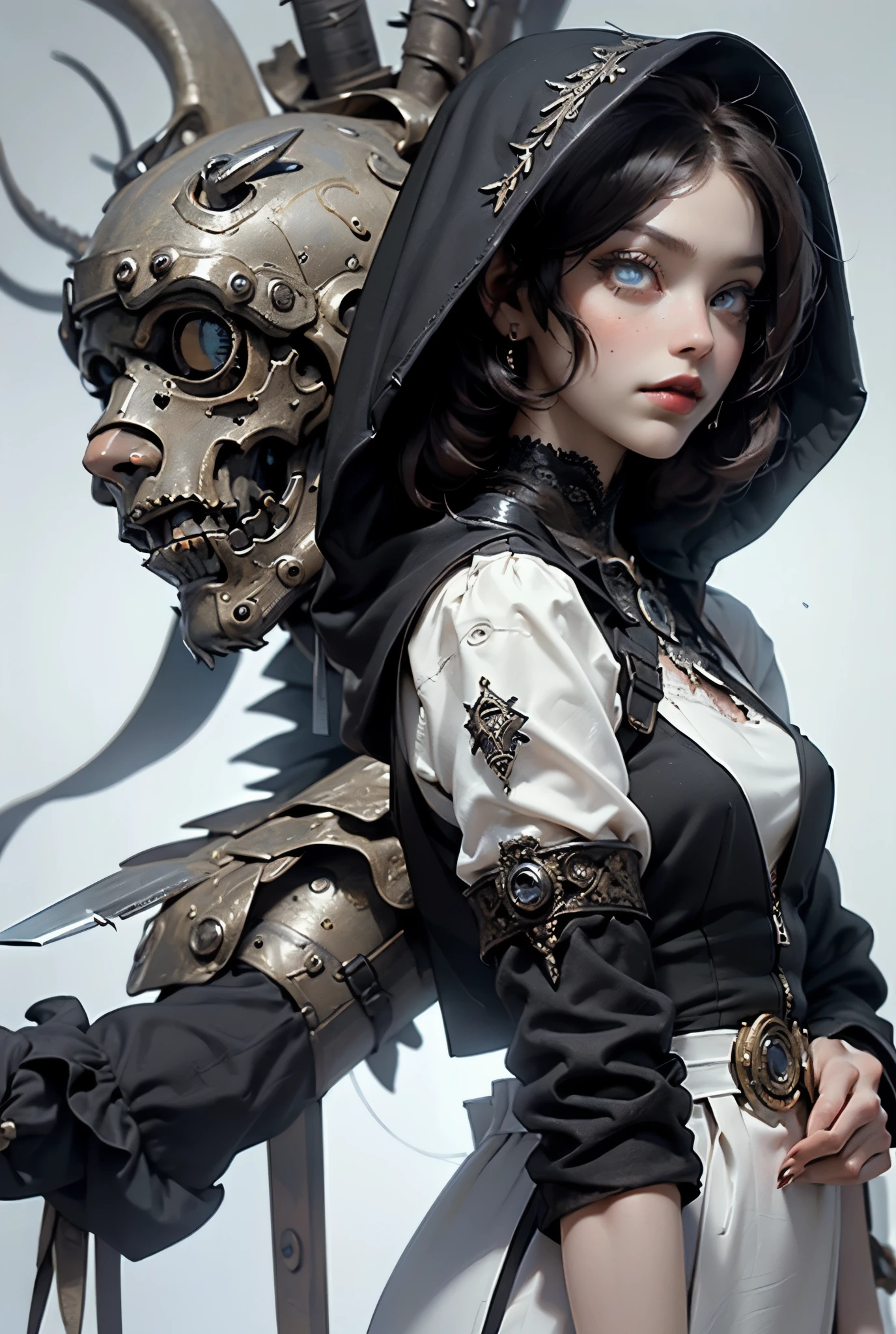(((masterpiece, of the highest quality, super detailed))), (a witch belonging to an occult order of knights), (a knight crossed with a witch), Victorian era inspired, ((minimal but intricate beautiful armour)), Fluttering lace flared dress with frilly petticoats, ((nier automata meets bloodbourne)), ((((Highly detailed face))), (big forhead:1.2), ((dark hair)), (((Very sharp focused eyes))), very long eyelashes, occult aesthetic, (red and white clothing detailed and intricate steampunk and detailed gothic), (with a hood), complex lace boots,