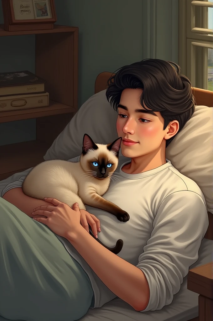 Generate a young man with his Siamese cat lying on his chest