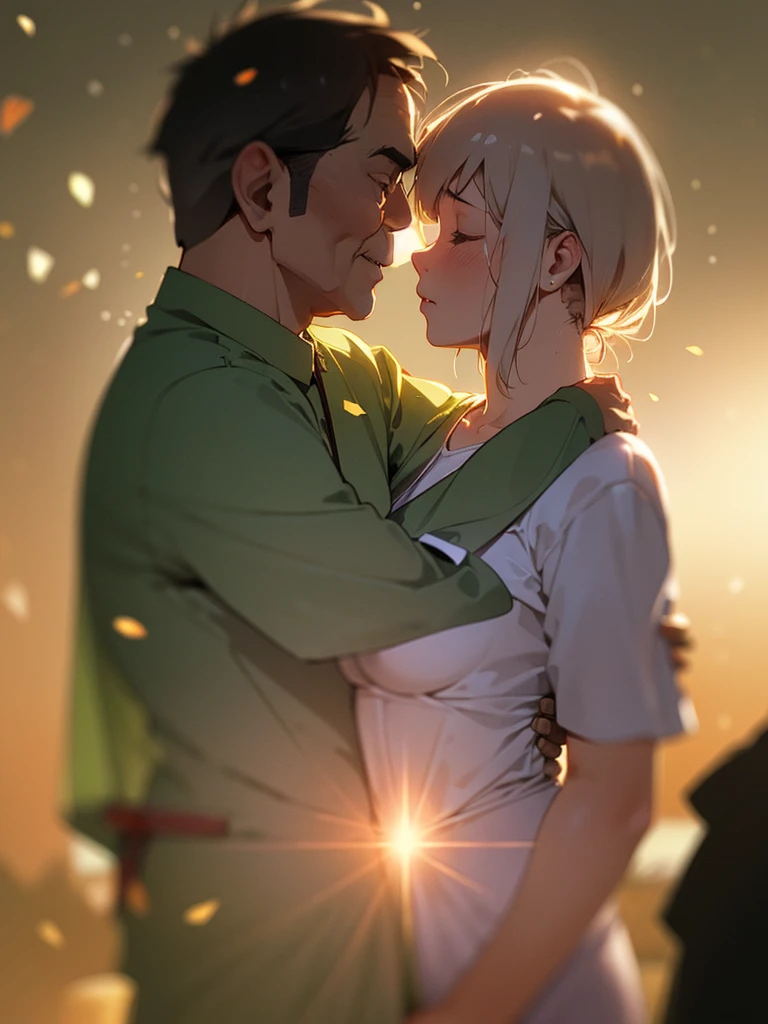 (Sumilux f1.4 50mm , low Latitude old color negative film , cross process , (bokeh), flare, chromatic aberration , soft focus, (Shallow focus) , soft glow , Maximum aperture, high Key , Transparent depiction , Tyndall) , Peaceful time for an elderly couple , Slack body