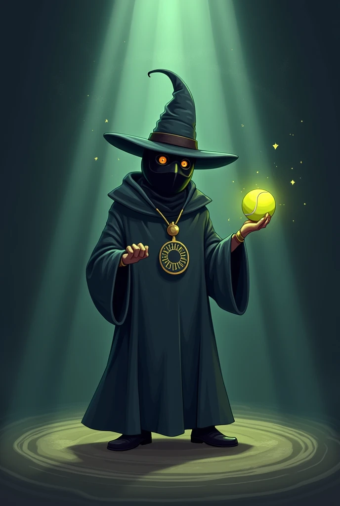 Generate an image which have a magician wearing mask and a long cap an cartoon character  dark background , lighting all around have tennis ball in hand. a text "JADUGAR PREDICTION"written on middle of image.