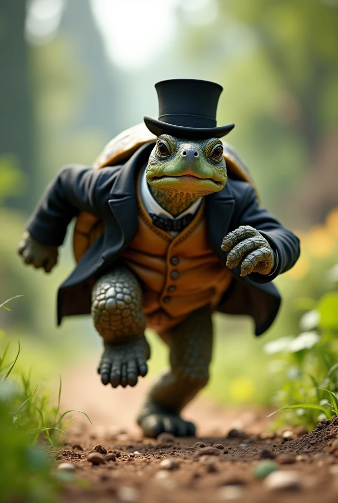 Turtle dressed as a gentleman run speed