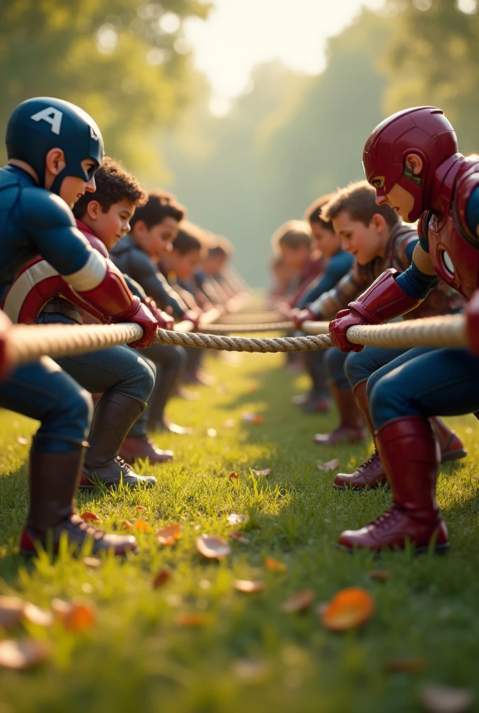 A group of Avengers engage in a fun game of tug-of-war on a grassy field. The scene is set in a natural setting with soft, warm light filtering through the trees in the background. The Avengers are divided into two teams, each pulling with all their might on the opposite end of a thick rope. Their expressions are a mix of determination and excitement, with some leaning forward to pull harder while others dig their feet into the ground for leverage. The scene is lively and full of the energy of childhood play.