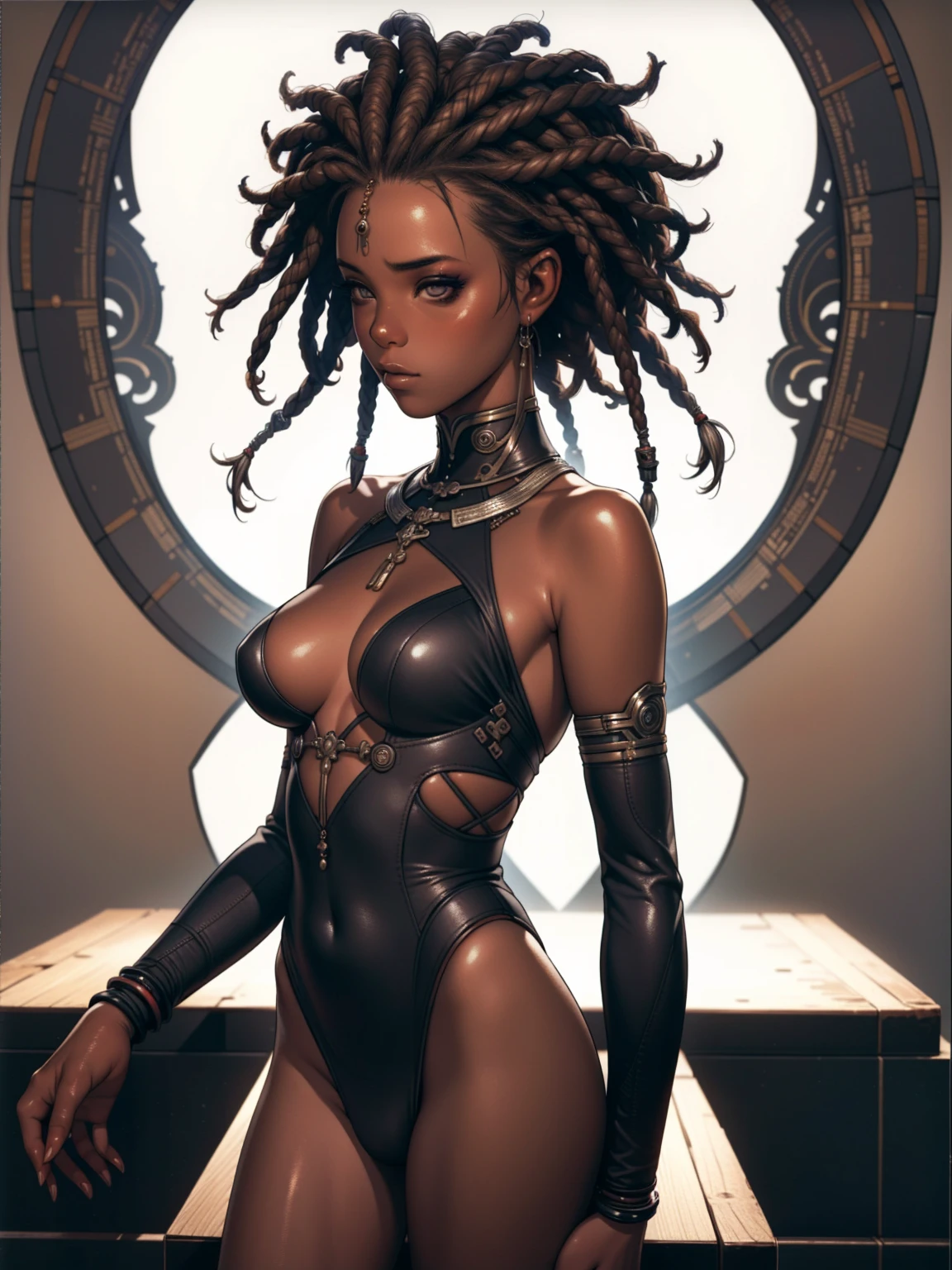 ((best qualityer)), ((work of art)), (detailded: 1.4), (absurdrez), (((black girl))), african girl, (((skin black, darkskin))), afro girl, Zulu warrior, African bracelets and necklaces, skin black, cybernetic hands, red futuristic short clothes, green and black, african savannah, defined muscular sculptural body, all-body, coxas nuas, cloused mouth, body covered in cyberpunk clothes, ((perfect medium breasts)), (super light brown eyes), ((afro hair)), (((cabelo preto e branco com dreadlocks)))), long black eyelashes heavy makeup, various African jewels, naked legs, by mucha, private--V5, close to real, psychopath, pose sexy, fundo african savannah, 2 piece outfit, cake, centred, scale to adjust dimensions, HDR (high-range dynamics), ray tracing,nvidia RTX,Super-resolution,Irreal 5,subsurface scattering, PBR Texture, Post-processing, Anisotropic filtering, Depth of field, Maximum clarity and sharpness, Multilayer textures, Albedo and Specular Maps, Surface shading, Accurate simulation of light-material interaction, perfect proportions, octane rendering, two tone lighting, large aperture, Low ISO, White balance, rule of thirds, 8K CRU, African standards