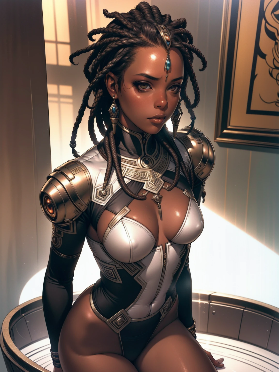 ((best qualityer)), ((work of art)), (detailded: 1.4), (absurdrez), (((black girl))), african girl, (((skin black, darkskin))), afro girl, Zulu warrior, African bracelets and necklaces, skin black, cybernetic hands, red futuristic short clothes, green and black, african savannah, defined muscular sculptural body, all-body, coxas nuas, cloused mouth, body covered in cyberpunk clothes, ((perfect medium breasts)),  (super light brown eyes), ((afro hair)), (((cabelo preto e branco com dreadlocks)))), long black eyelashes heavy makeup, various African jewels, naked legs, by mucha, private--V5, close to real, psychopath, pose sexy, fundo african savannah, 2 piece outfit, cake, centred, scale to adjust dimensions, HDR (high-range dynamics), ray tracing,nvidia RTX,Super-resolution,Irreal 5,subsurface scattering, PBR Texture, Post-processing, Anisotropic filtering, Depth of field, Maximum clarity and sharpness, Multilayer textures, Albedo and Specular Maps, Surface shading, Accurate simulation of light-material interaction, perfect proportions, octane rendering, two tone lighting, large aperture, Low ISO, White balance, rule of thirds, 8K CRU, African standards