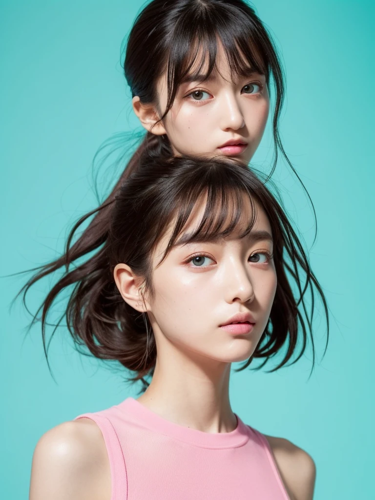(masterpiece), (highest quality), (Super detailed), (messy hair), (shape), (one japanese girl), (fashionable clothes), Are standing, Fashion Model, (interview), (simple turquoise pink background), fine and beautiful eyes, delicate beautiful face, floating, (high color saturation), focus on face, ponytail, black hair, bangs,floating Hairs, (shining), best writing, best shadow,stylish living room