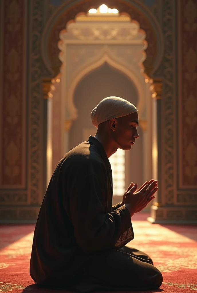 A high-resolution, realistic image of a young, masculine bald man praying to Allah inside a mosque in America, wearing a traditional taqiyah (head covering).