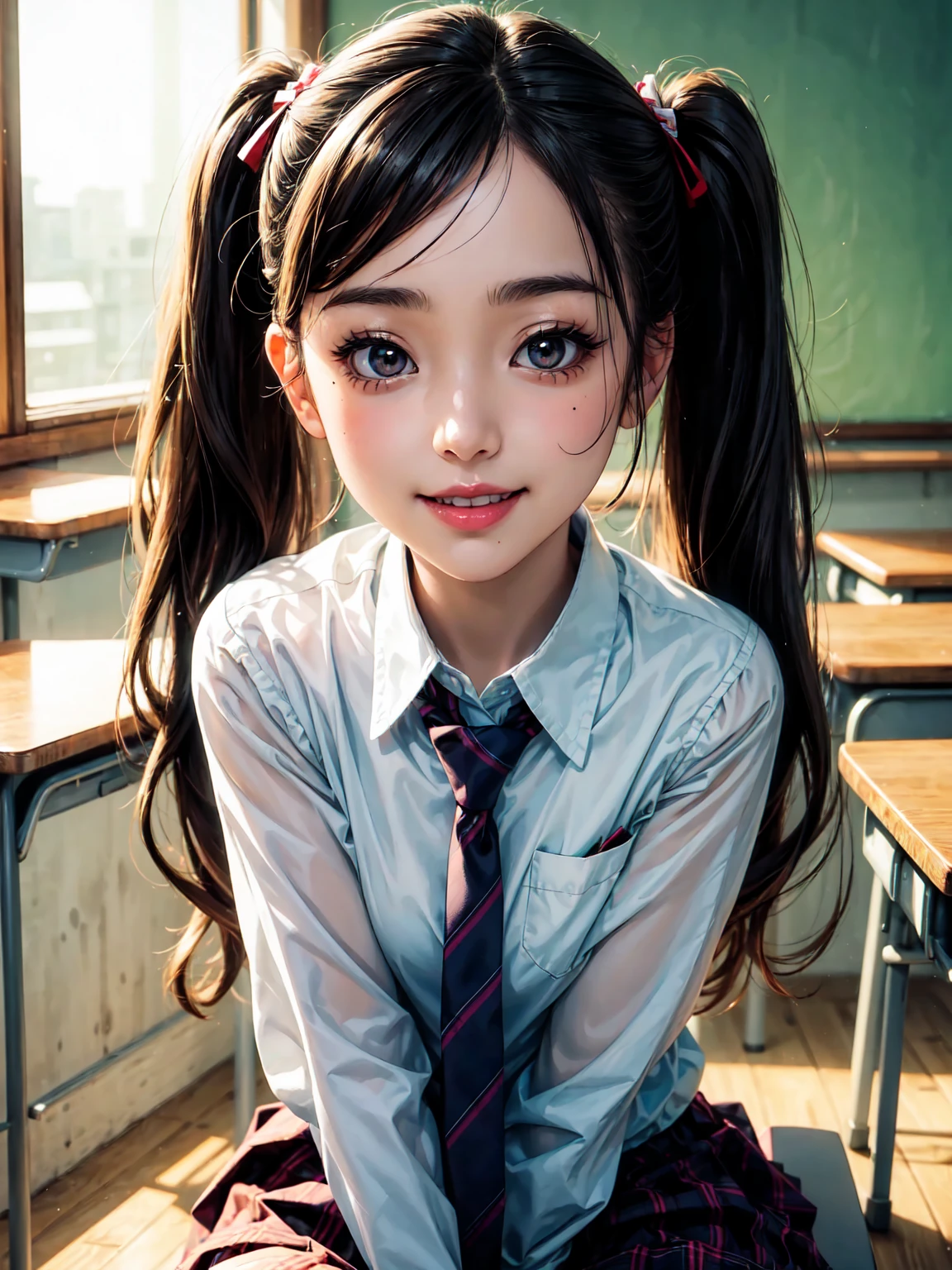 1girl,cute japanese girl, solo, mole under mouth, big eyes, long eyelashes, beautiful face, beautiful skin, hazel eyes, beautiful eyes, japanese girl , ((School uniform, colorful tie, plaid skirt)), white shirt, white see-through sleeves, Elegant very long Hair, curly hair, twintails, looking at viewer, Smile, portrait, (best quality,8k,masterpiece:1.2),ultra-detailed,(realistic,photo-realistic:1.3), soft lighting, side for face warm lighting,sitting classroom desk,blush,smile, open mouth, 