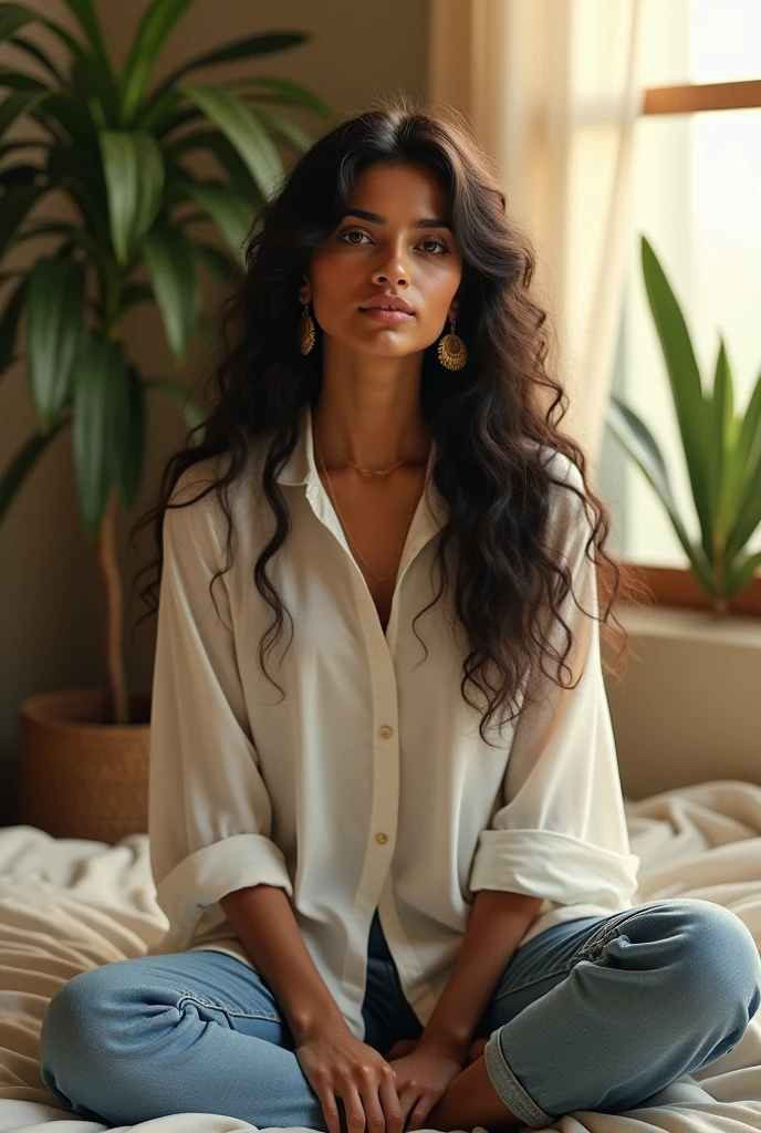 (photorealism:1.2), beautiful indian woman, fair skin,sitting on bed, wearing white kurti with jeans, jhumkas, long curly hair, indoors, soft lighting, plants in background, window with sunlight, cozy room, relaxed pose, realistic, intricate details, warm colors, by Greg Rutkowski, by Alphonse Mucha