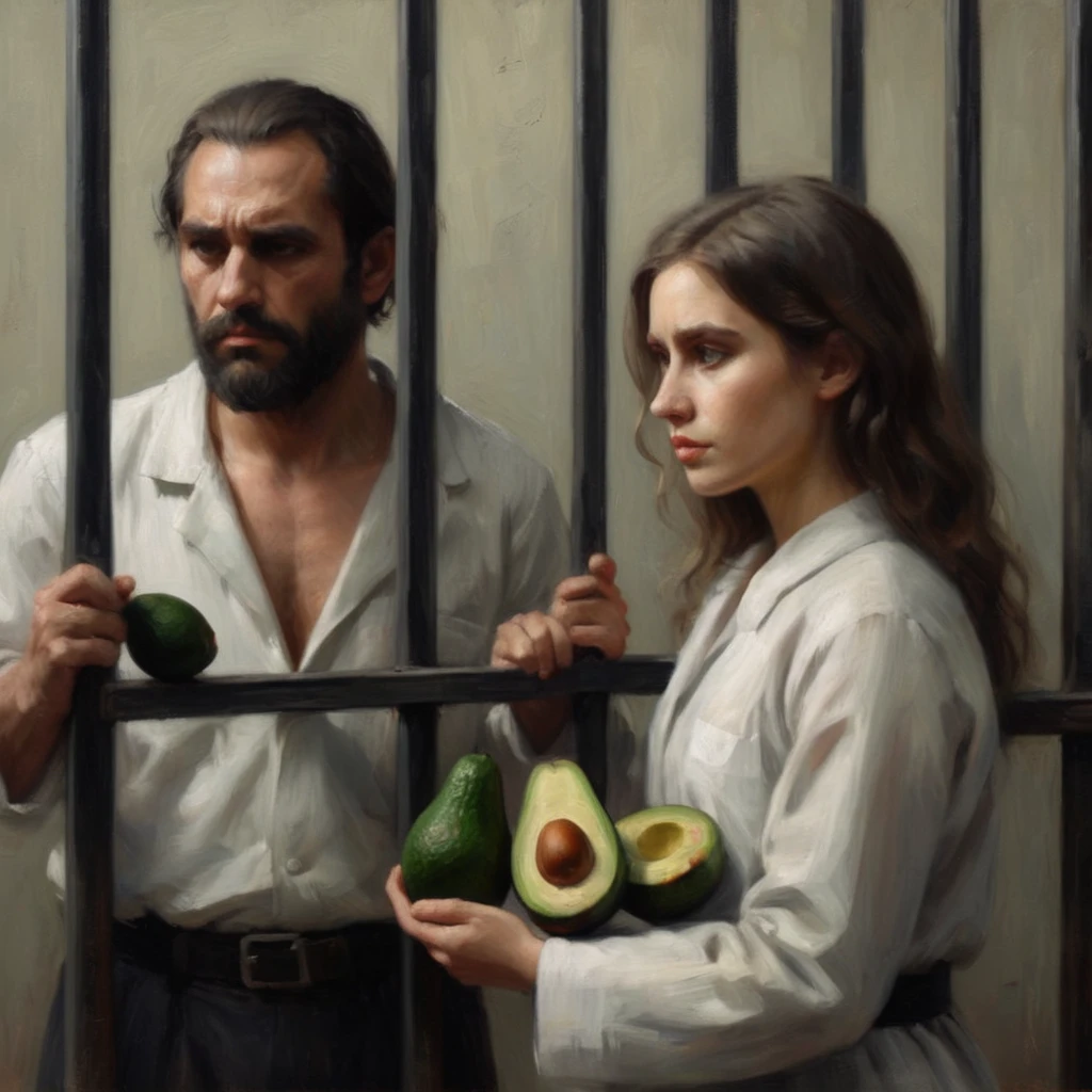 a sad prisoner looks out of his cell through metal bars with hands on the bars, eating an avocado, holding an avocado on his hand, in the foreground one girl lawyer in white and black transparent clothes, 4k, UHD, masterpiece