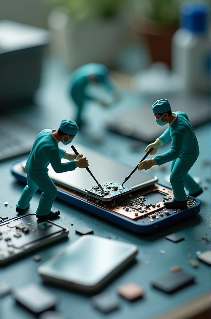 Miniature surgeons replacing a cell phone screen